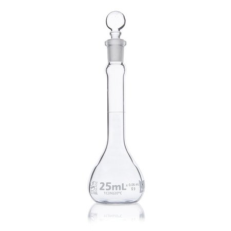 GLOBE SCIENTIFIC Flask, Volumetric , Globe Glass, 25mL, Class B, To Contain (TC), ASTME288, 6/Box 8250025